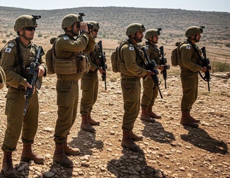 Group of IDF soldiers in uniform standing outdoors with tactical gear