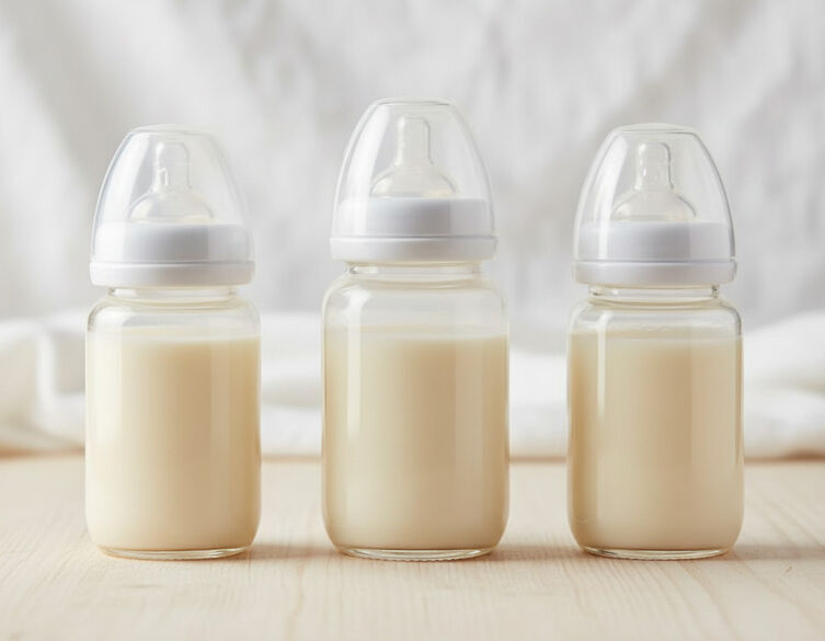 Three baby bottles with milk