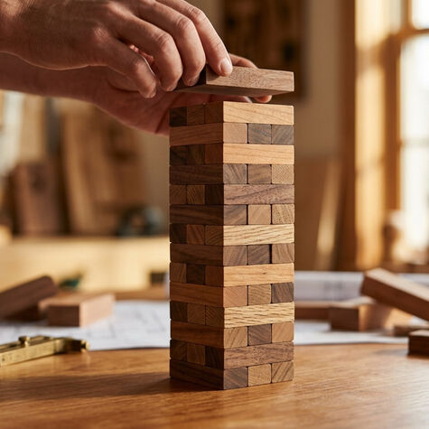 a hand placing a block on top of a stack of brown wooden blocks