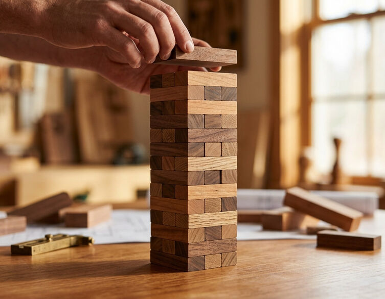 a hand placing a block on top of a stack of brown wooden blocks