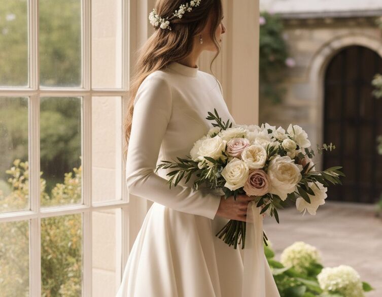 bride holding a bouquet of white flowers
