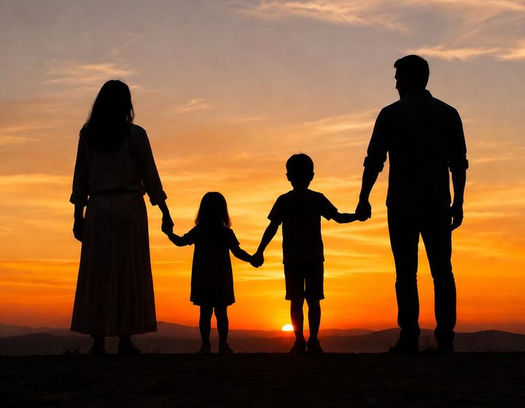 silhouette of family against a sunset