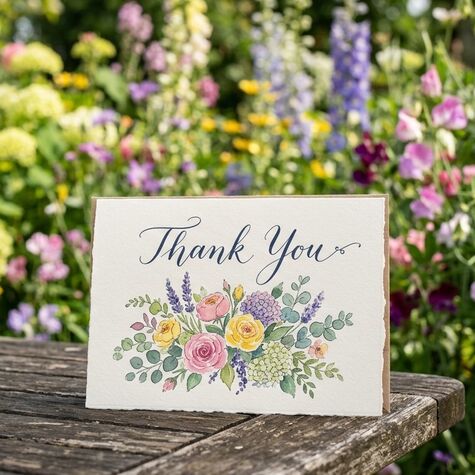 floral thank you note with flowers in the background