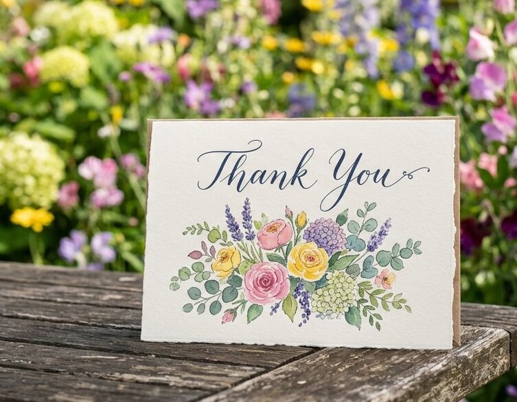 floral thank you note with flowers in the background