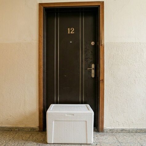 insulated box at brown front door of apartment
