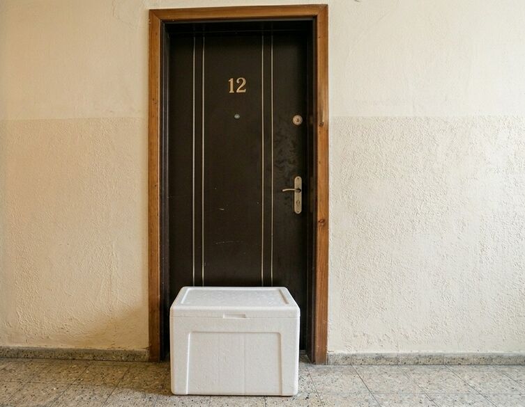 insulated box at brown front door of apartment