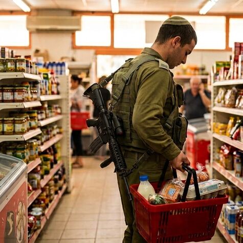 IDF soldier in uniform in supermarket holding a basket of food