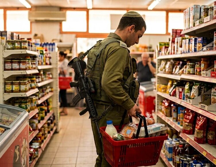 IDF soldier in uniform in supermarket holding a basket of food