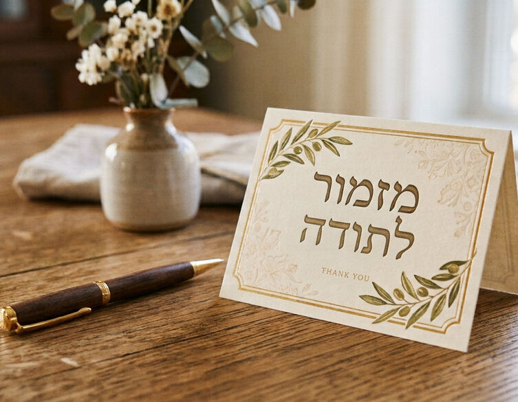 decorative beige thank you card on a table with the words mizmor l'todah 