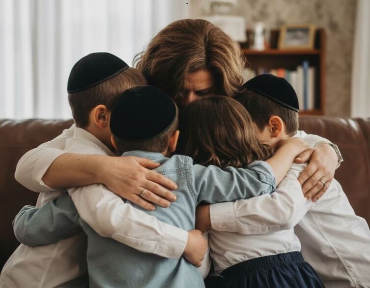 mother embracing four children