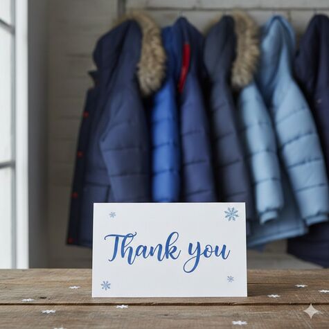 white thank you note in front of blue coats