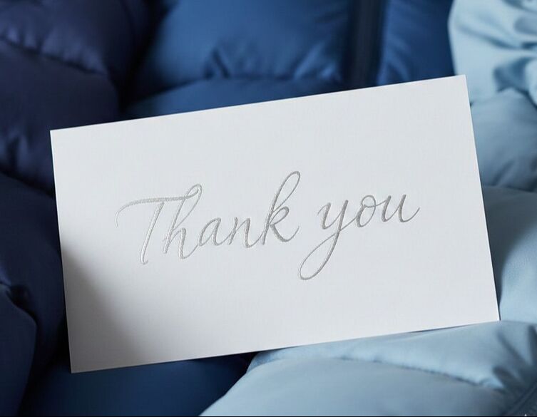 white thank you note in front of blue coats