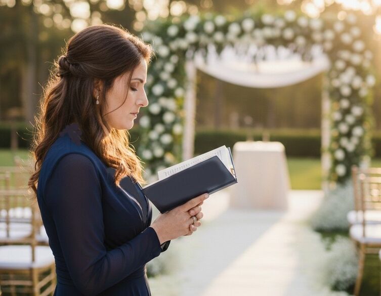 woman praying from a siddur near a chuppah