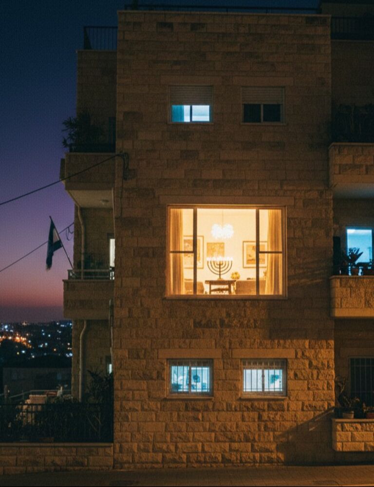 Israeli apartment lit up at night view through the window of a menorah