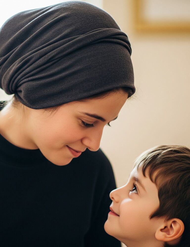 mother in a black shirt looking down smilingly at her young son