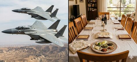 split photo of israeli fighter jets and seder table